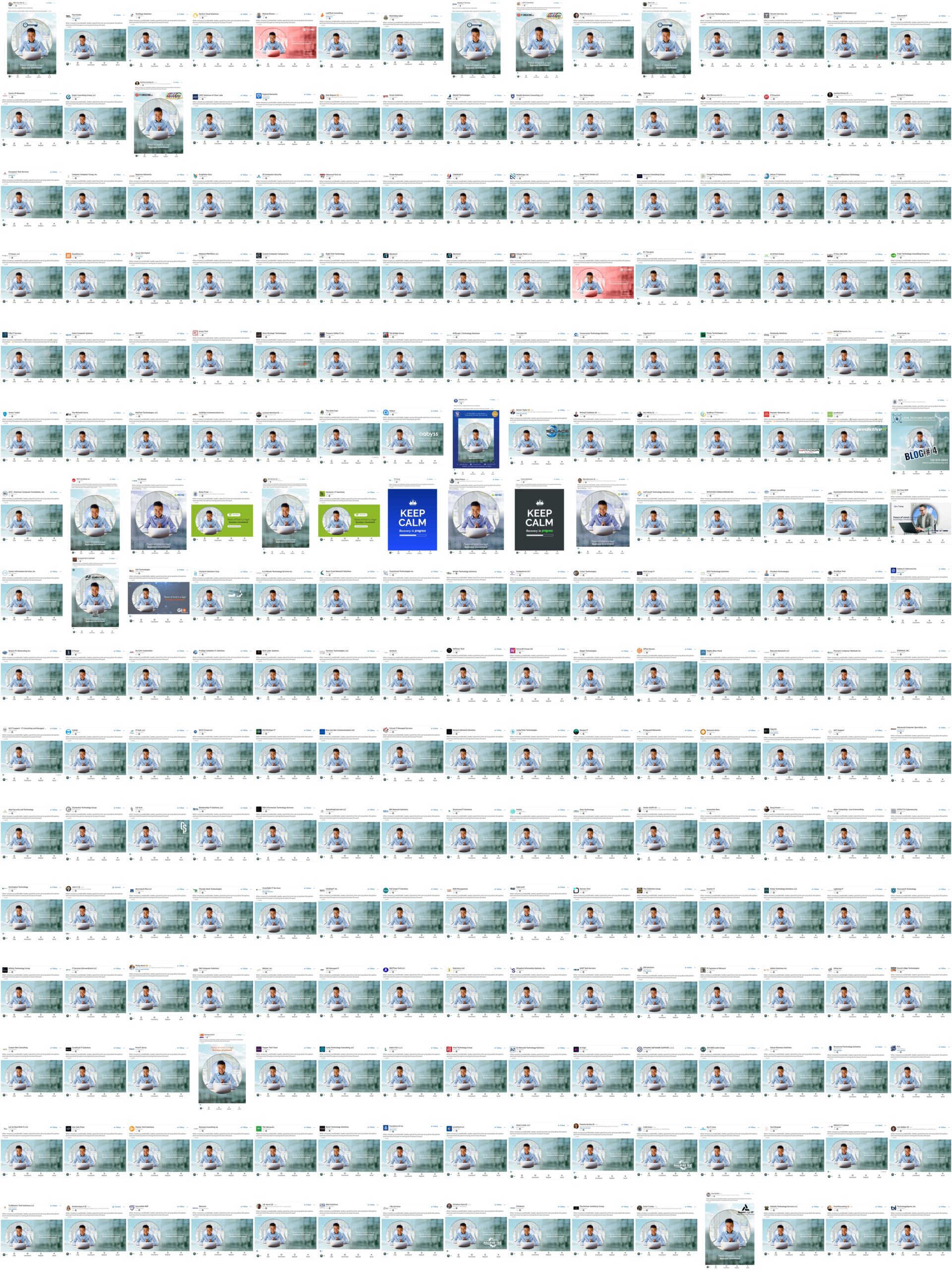 Collage of dozens of competing MSP LinkedIn company pages all publishing the identical Inbox Detox clone-post, demonstrating vertical content syndication in MSP marketing